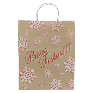 SACOLA PAPEL KRAFT NATURAL BOAS FESTAS 27X20X33 C/10
